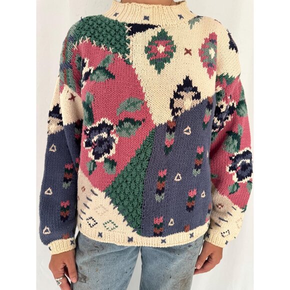 80s vintage multicolor floral patchwork grandma thick chunky hand knit sweater - Picture 8 of 10